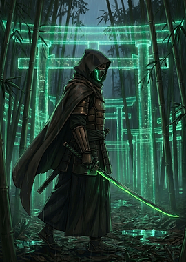 Cyberpunk Ninja in Bamboo Forest