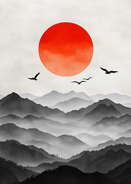 Misty Mountains Sunrise with Birds
