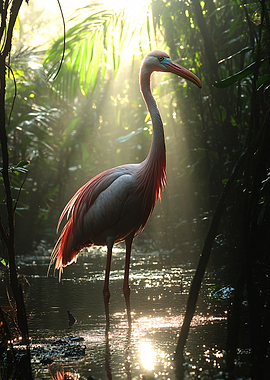 Pink Heron in Misty Jungle