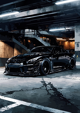 Sleek Black Sports Car in Parking Garage