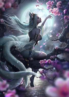 Kitsune Woman Reaching for Cherry Blossoms