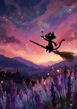Black cat on a broomstick with wine