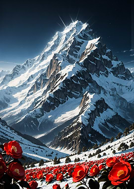 Scenery Snowy Mountain Peaks with Red Flowers