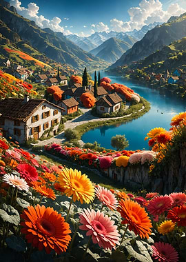 Mountain European Village with River and Flowers