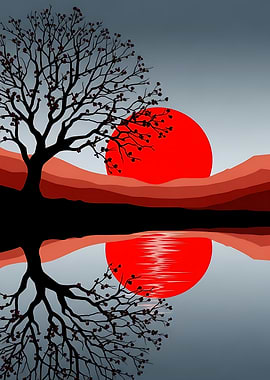 Cherry Blossom Red Sun Japan Poster — Japanese Aesthetic Wall Art Silhouette Print