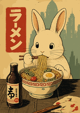 Cute Rabbit Ramen Poster Retro Japanese Cityscape Wall Art for Food Lovers