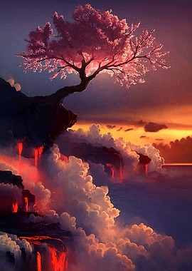 Cherry Blossom Tree Over Lava Falls