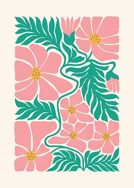 Pink Floral Pattern with Green Leaves