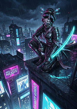 Cyberpunk Geisha Samurai in Neo-Tokyo