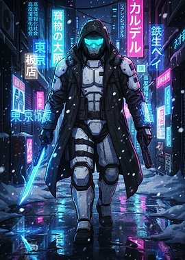 Cyberpunk warrior in snowy Tokyo