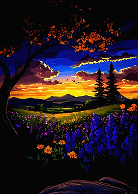 Vibrant Sunset Over a Wildflower Meadow