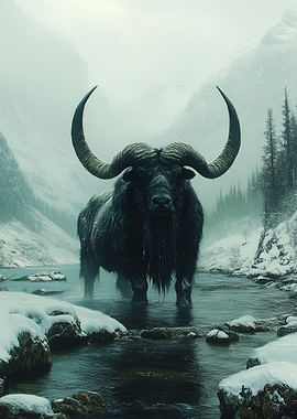 Majestic Yak in Snowy Mountain River