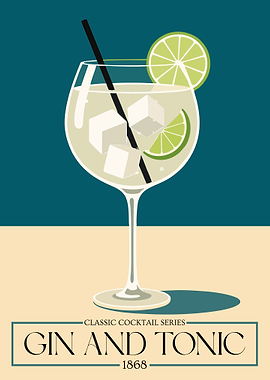 Gin and Tonic Cocktail Poster – Classic Botanical Highball Wall Art