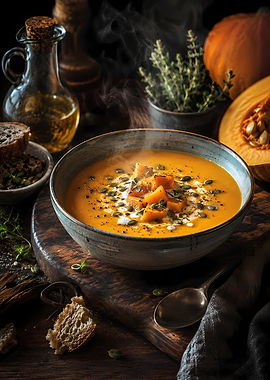 Steaming Pumpkin Soup with Bread