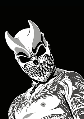 Demon Masked Man with Tattoos