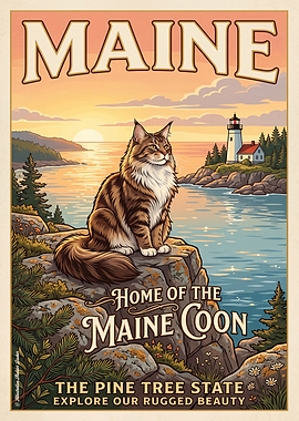 Maine Coon Cat in Maine Landscape