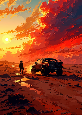 Cowboy and Jeep in Desert Sunset