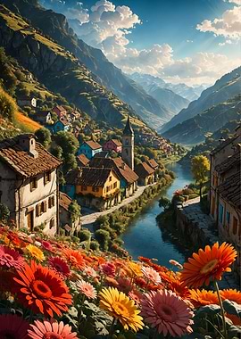 European Alpine Village with Flower River Mountain