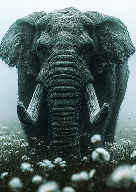 Majestic Elephant in a Field of Flowers