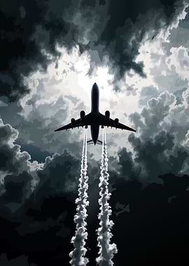 Airplane flying through stormy clouds