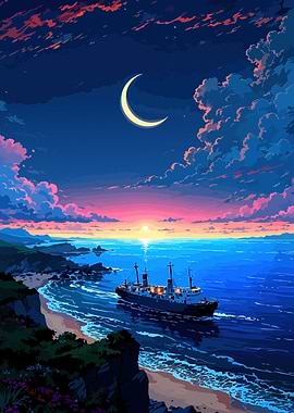 Ship sailing at sunset with crescent moon