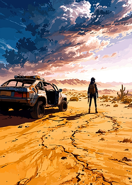 Post-apocalyptic desert scene with car and traveler