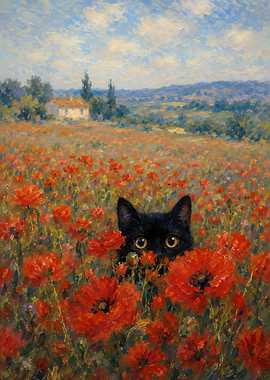 Black Cat Peeking Through Poppies