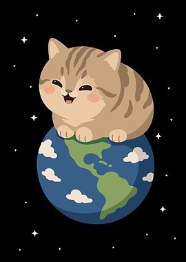 Cute Cat Sitting on Earth in Space