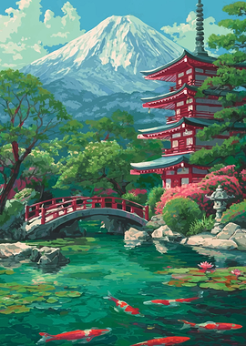 Japanese Pagoda and Mount Fuji