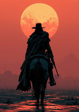 Lone Cowboy Rides Towards a Setting Sun