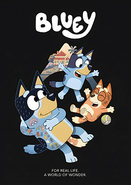 Bluey characters with house background