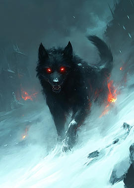 Fiery Black Wolf in Snowy Landscape