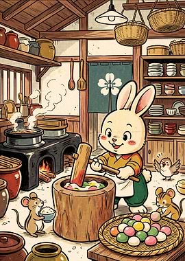 Cute Rabbit Making Mochi