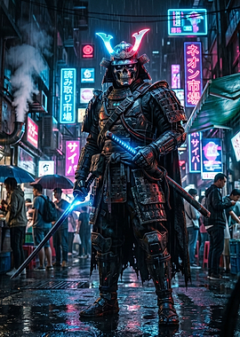 Cyberpunk Samurai Skeleton in Neon City