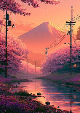 Serene Japanese Landscape with Cherry Blossoms