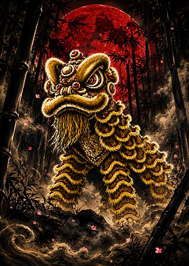 Lion Dance Under a Red Moon In Bamboo Forest
