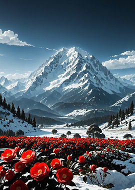Winter Mountain Snow Red Flower