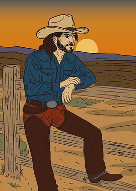 Cowboy leaning on fence at sunset