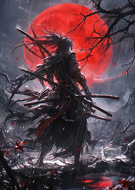 Samurai Warrior Under Red Moon