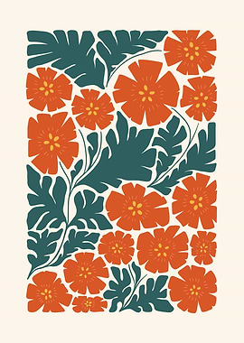 Orange Poppies and Green Leaves Pattern