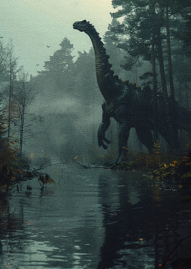 Dinosaur in a Misty Forest