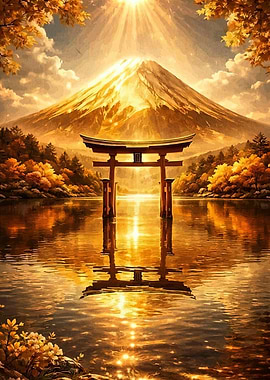 Golden Mount Fuji Torii Gate Reflection