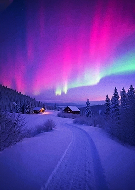 Aurora Borealis over Snowy Cabins