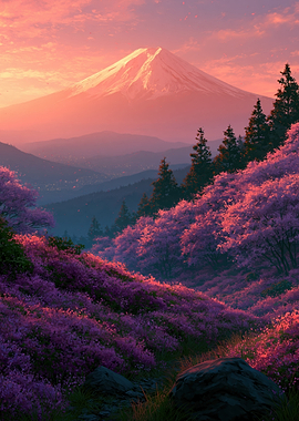 Mount Fuji at Sunset with Cherry Blossoms