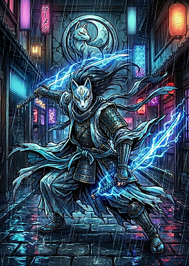Kitsune Samurai in Neon Alley