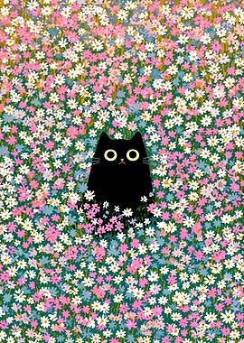 Black Cat in a Field of Flowers