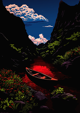 Canoe on a Red River at Dusk