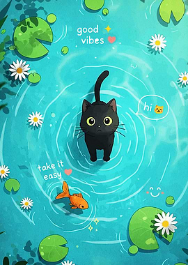 Cute Black Cat and Goldfish in Water