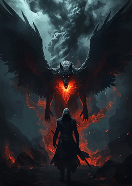 Warrior facing a fiery winged beast