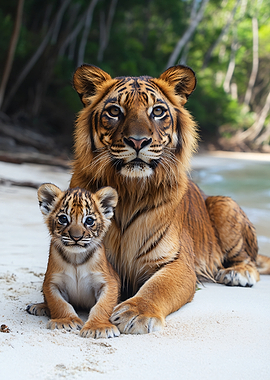 Tiger Mother and Cub on Beach